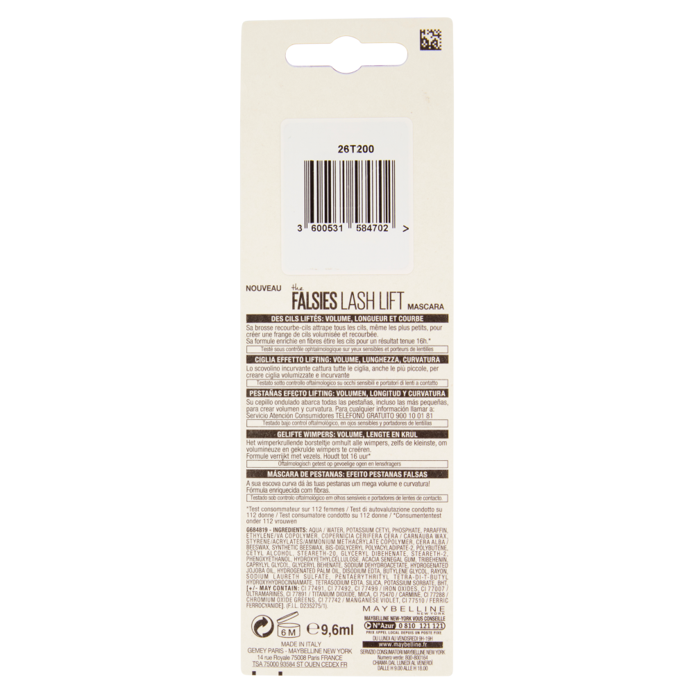 Maybelline New York Mascara Allungante Falsies Lash Lift, Effetto laminazione delle ciglia