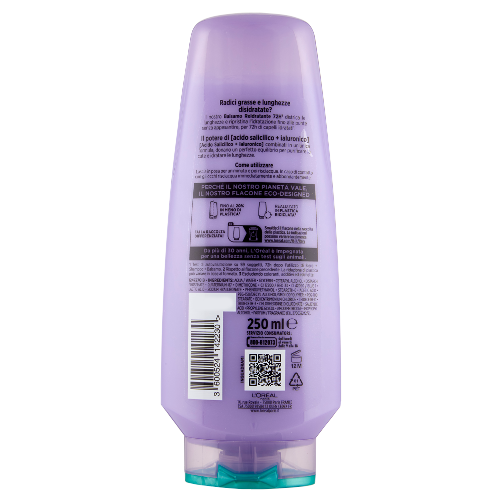 Elvive Hyaluronic Pure 72H Balsamo Reidratante, per Cute e Radici Grasse, 250 ml