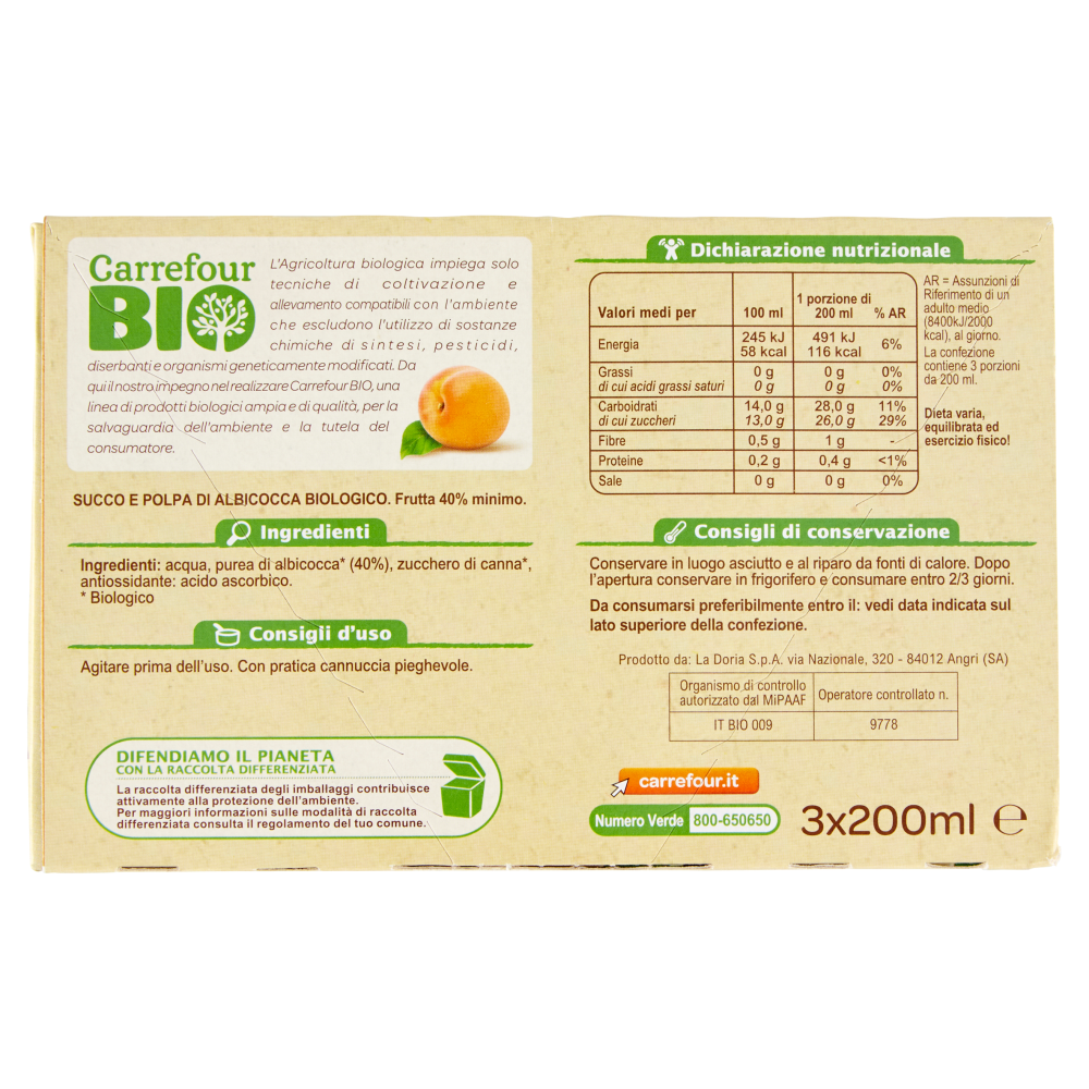 Carrefour Bio Succo e Polpa di Albicocca 3 x 200 ml
