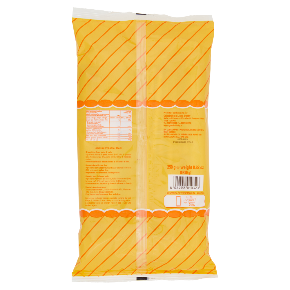 Grissinificio Linea Derby Grissini Torinesi Stirati al mais 5 x 50 g