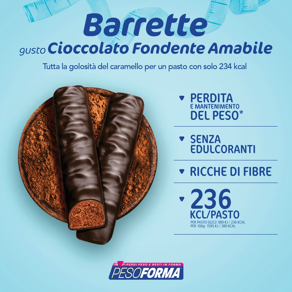 Pesoforma Barrette Fondente Amabile, Pasto Sostitutivo, 25% dell'energia in Proteine, 236 calorie per pasto, 12x31g