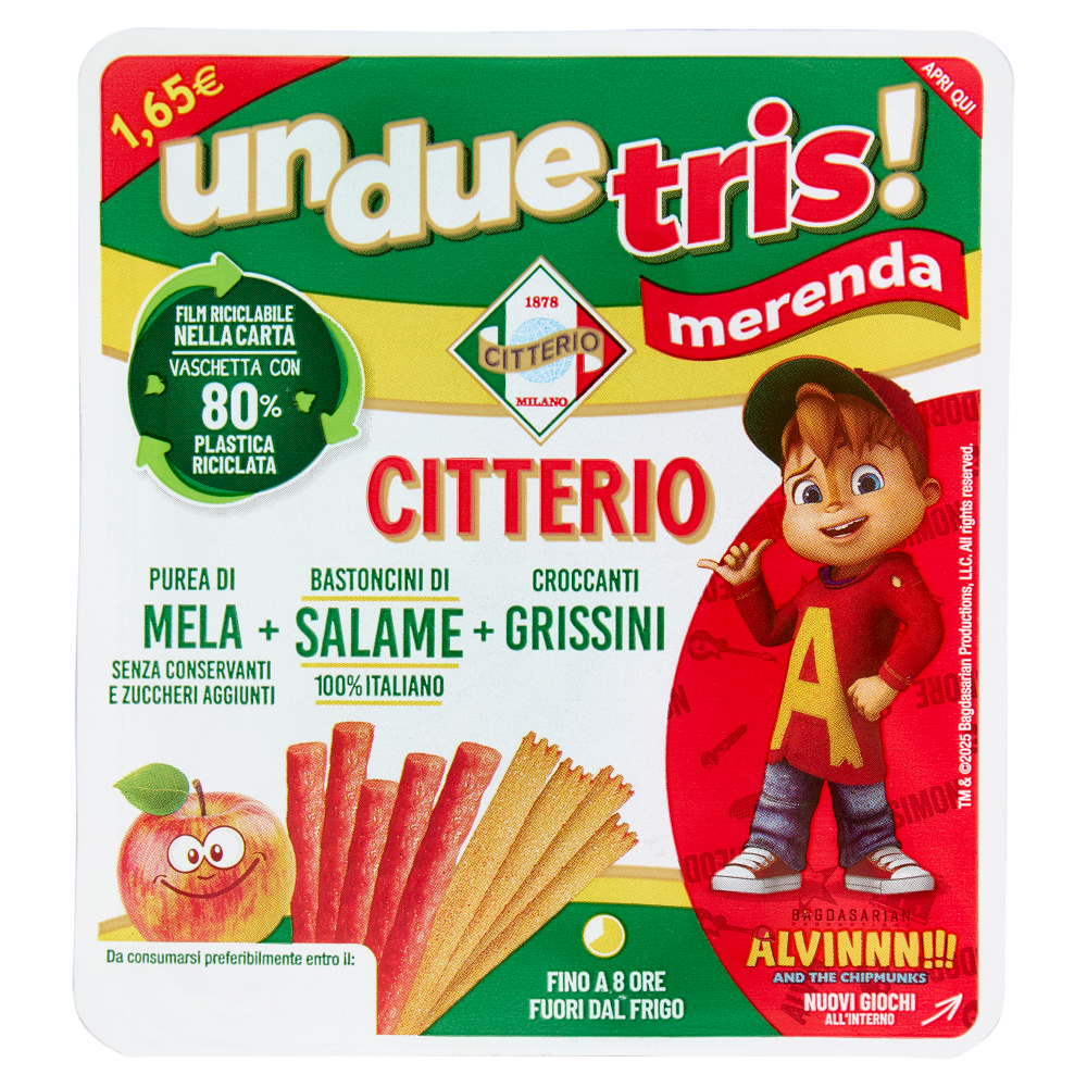 Citterio un due tris! merenda purea di mela + bastoncini di Salame + Grissini 122 g