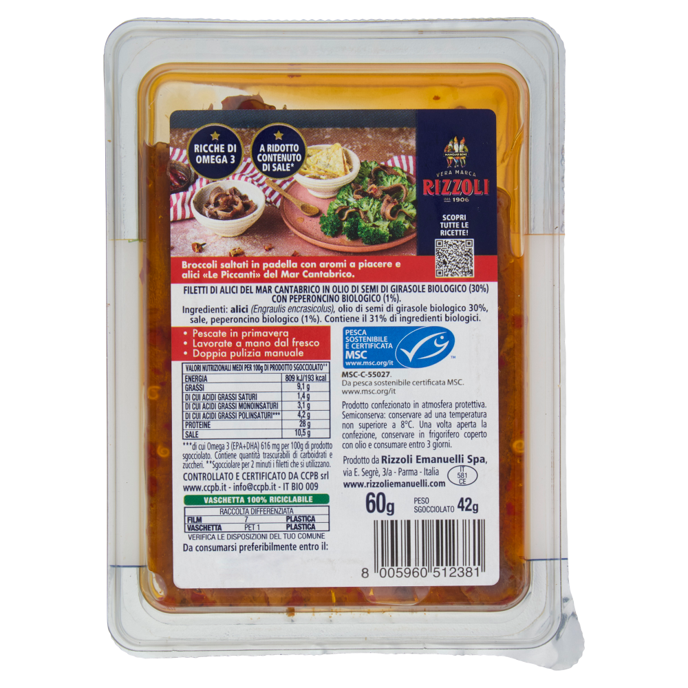 Rizzoli le Piccanti del Mar Cantabrico Filetti di Alici con Peperoncino Bio 60 g