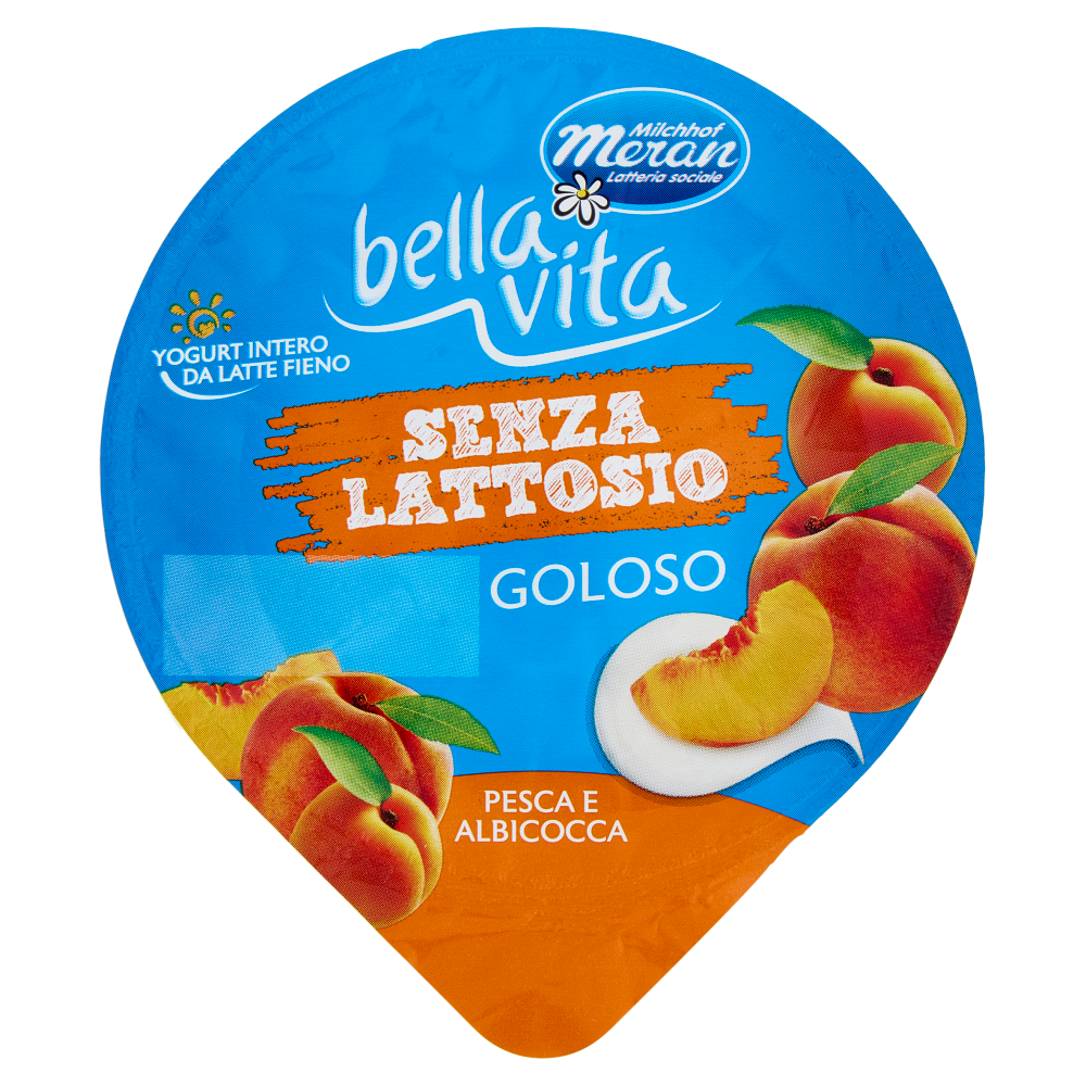 bella vita Yogurt Intero da Latte Fieno Senza Lattosio Goloso Pesca e Albicocca 150 g