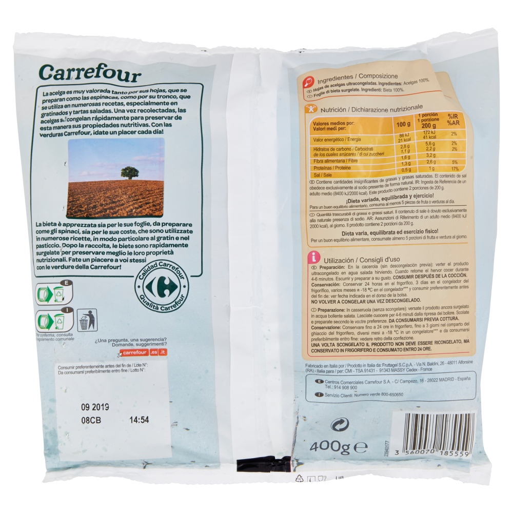Carrefour Foglie di Bieta Tenere Surgelato 400 g