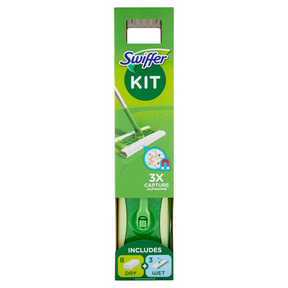 Swiffer Starter Kit Preassemblato-Scopa con 1Manico+8Panni Catturapolvere+3Panni Umidi Lavapavimenti