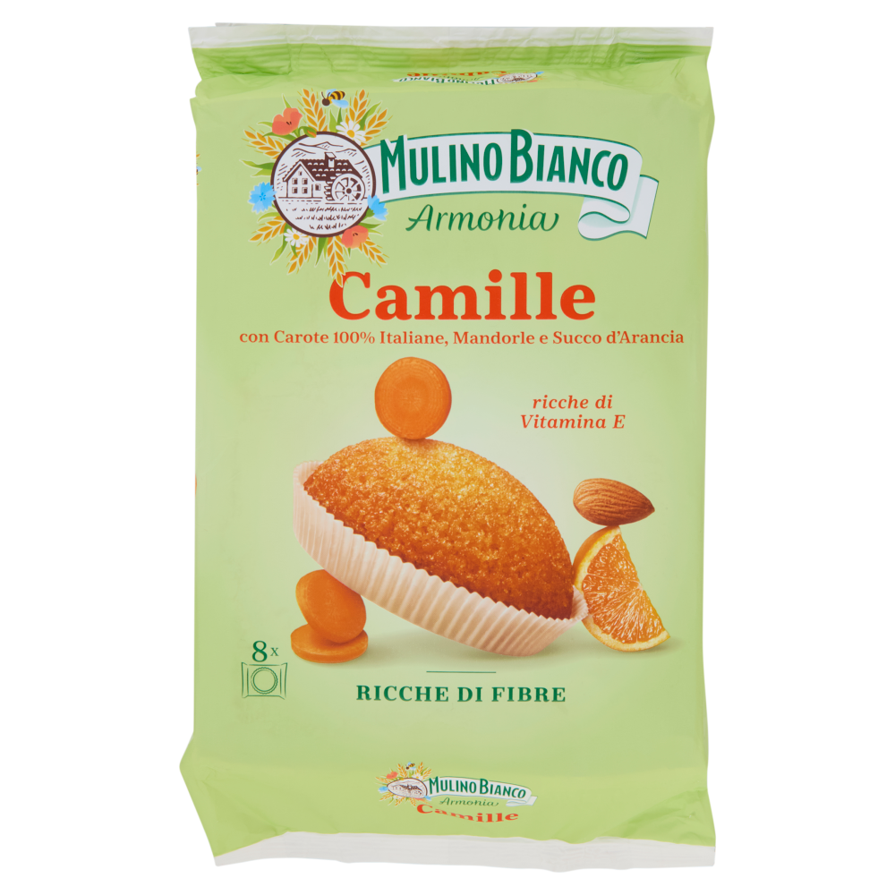 Mulino Bianco Armonia Camille Merenda Ricca di Fibre Carote Mandorle Succo d'Arancia 8 tortine 304g