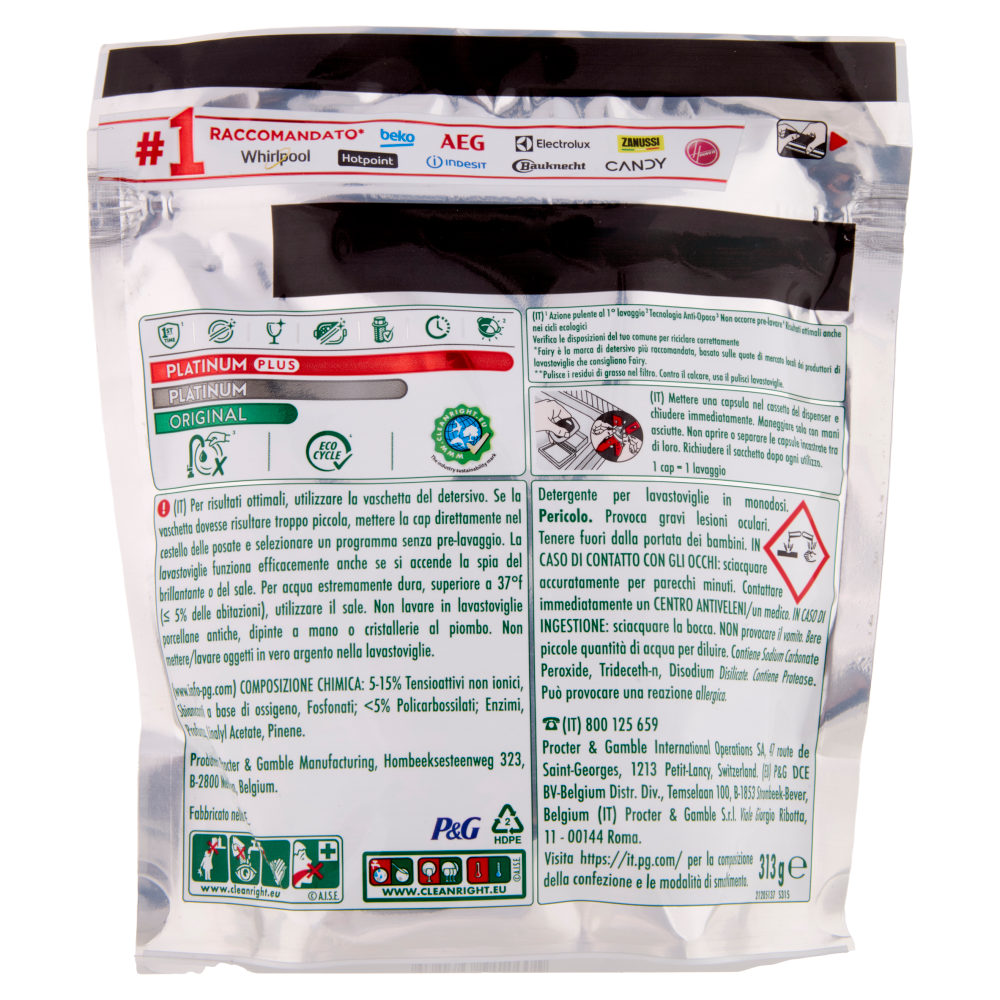 Fairy Pastiglie Lavastoviglie Platinum All in One, Detersivo Piatti Limone, 21 Capsule 313 g