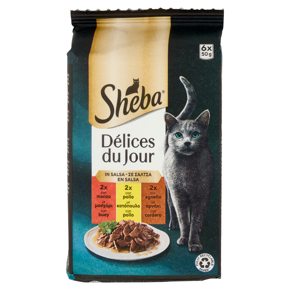 Sheba Délices du Jour Cibo Umido Gatto in Salsa con Manzo, Pollo e Agnello 6 x 50 g