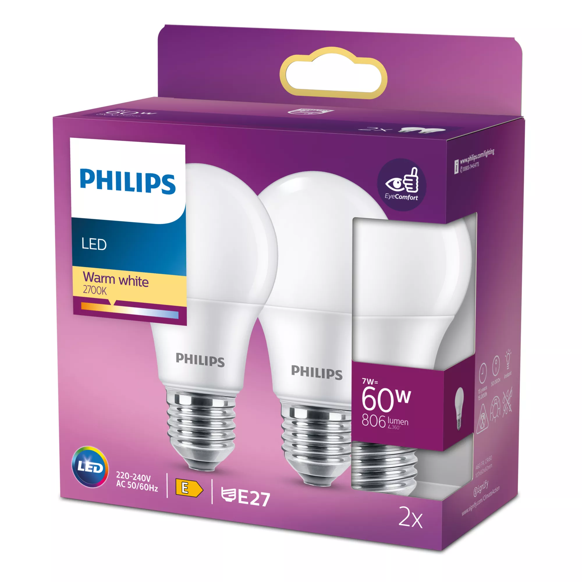 Philips Lampadina 60 W A60 E27 x2