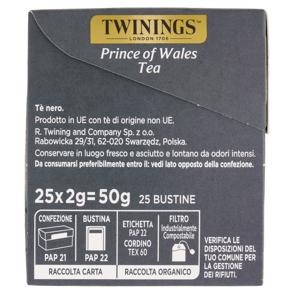 Twinings Prince of Wales Tea Tè Nero 25 filtri The 50 g