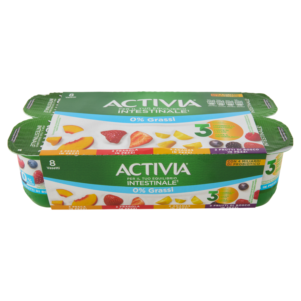 ACTIVIA Yogurt con Probiotico Bifidus, 0% Grassi, mix di gusti Pesca/Frag/Ananas/Frutti Bosco 8x125g