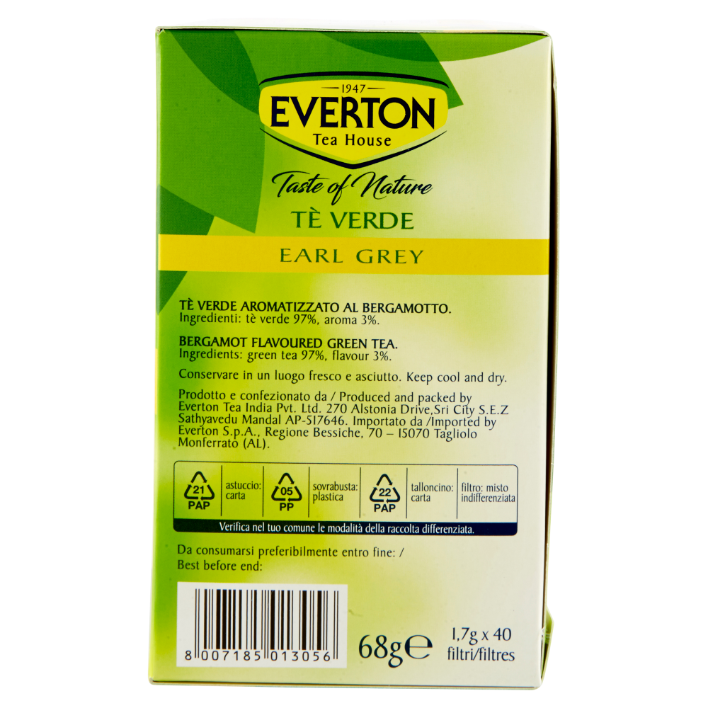 Everton Taste of Nature Tè Verde Earl Grey 40 x 1,7 g