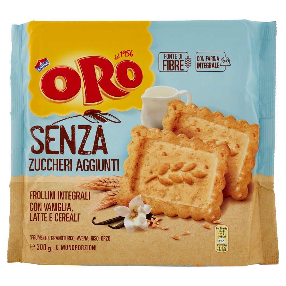 Oro Saiwa biscotti integrali con vaniglia, latte e cereali Senza Zuccheri aggiunti - 300 g