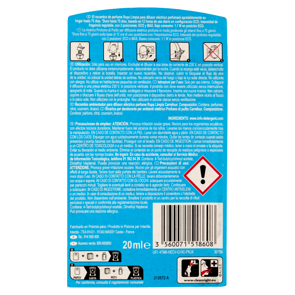 Carrefour Essential Ricambio per deodorante per ambienti Profumo di Pulito 20 ml