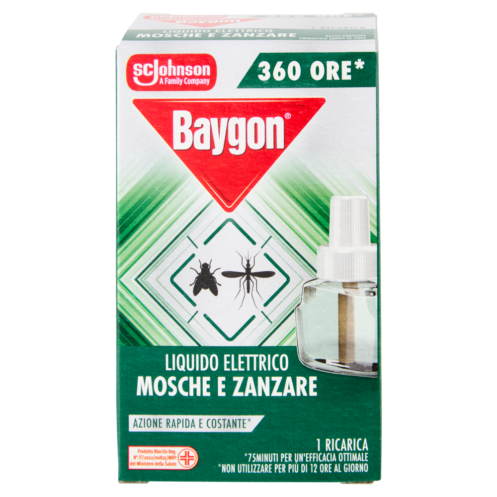 Baygon Liquido Elettrico Mosche & Zanzare Base, 360 ore, Azione Rapida e Costante, 1Ricarica