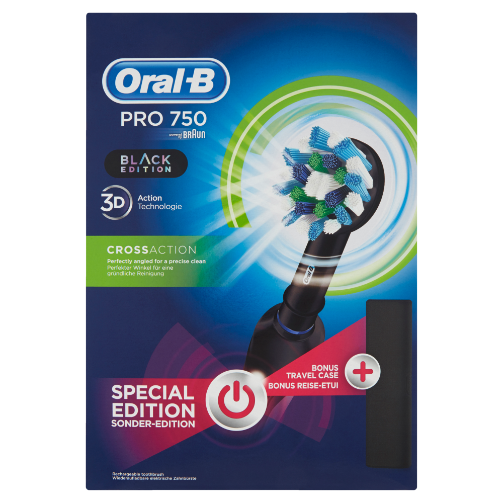 Oral-B Power Spazzolino Elettrico Ricaricabile Pro 750 Black + Custodia viaggio nera-Special Edition