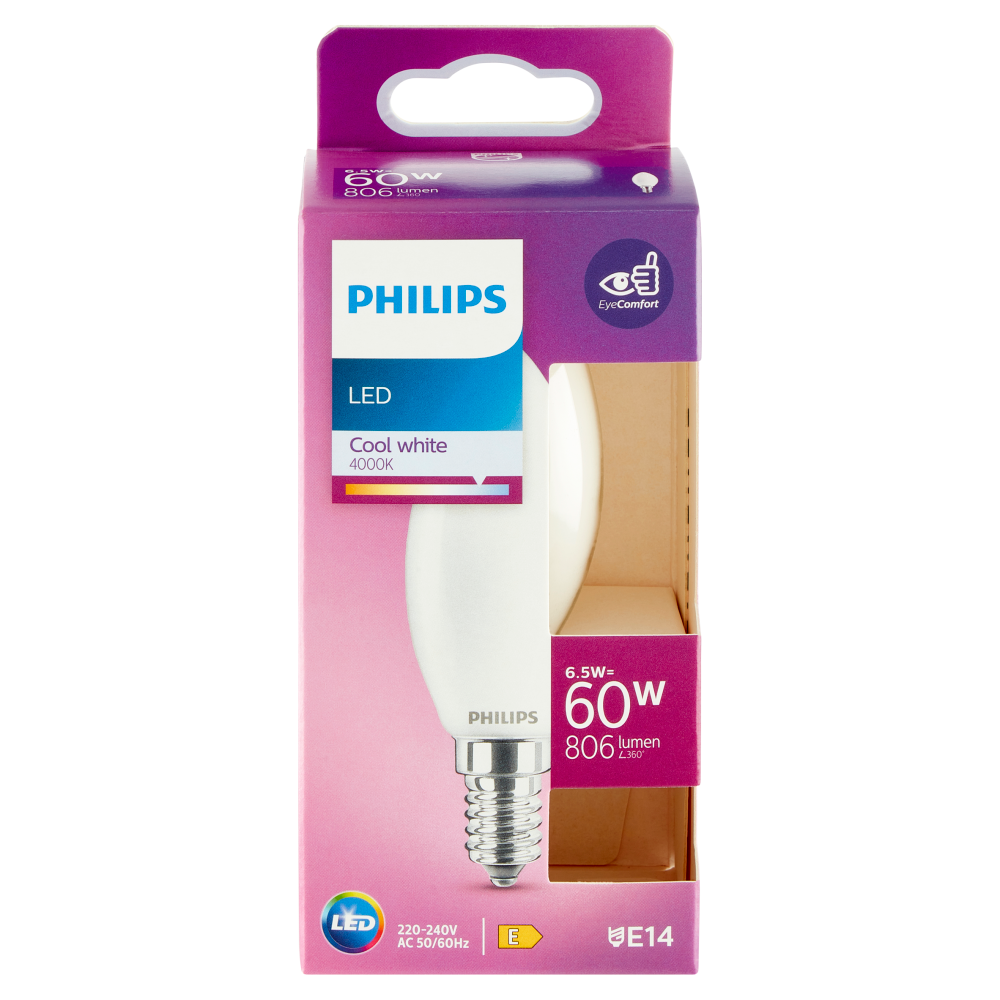 Philips Led candela vetro 60W E14 4000K non dim