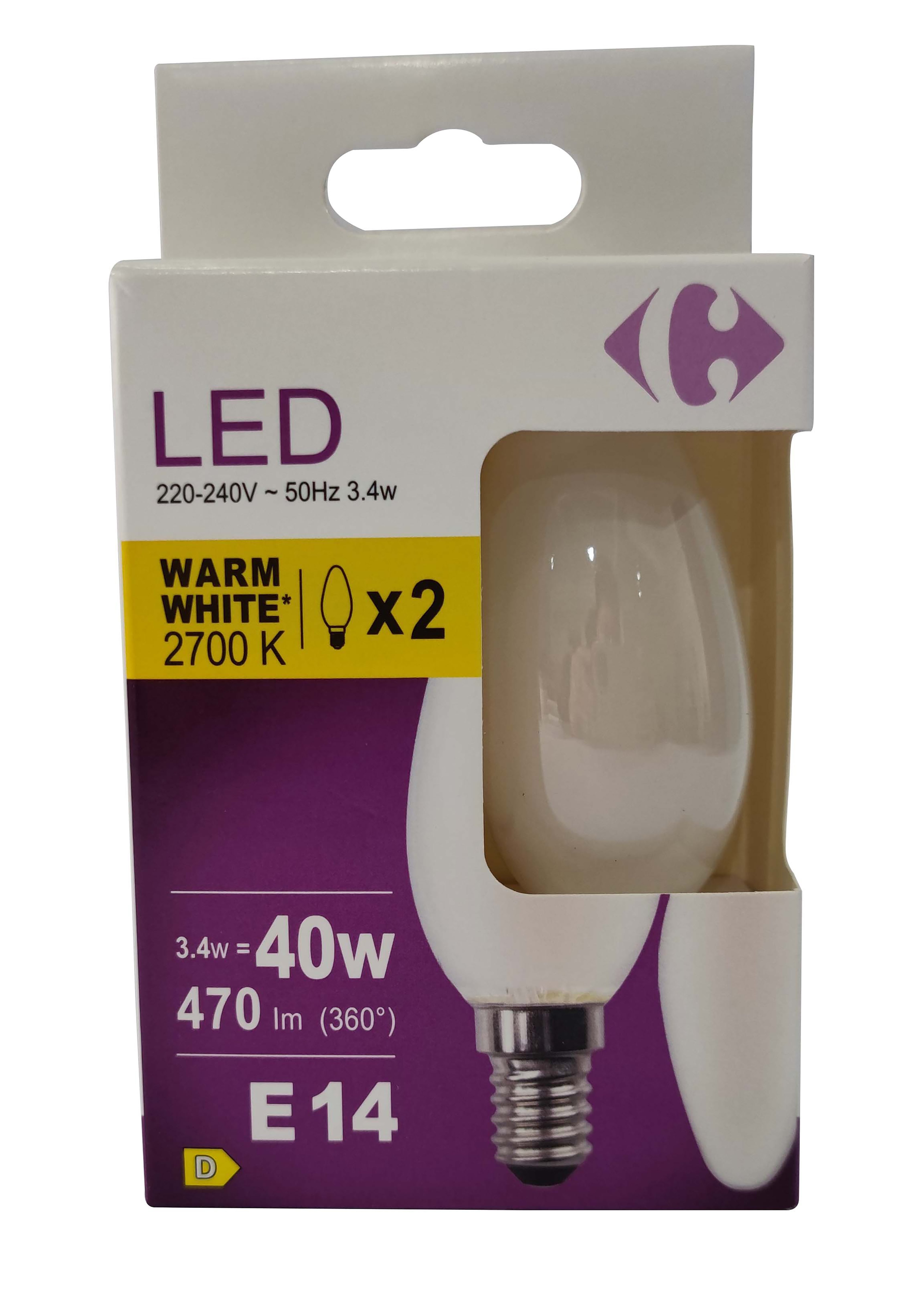 Carrefour 2 led candela smerigliata 40W, attacco E14, luce calda