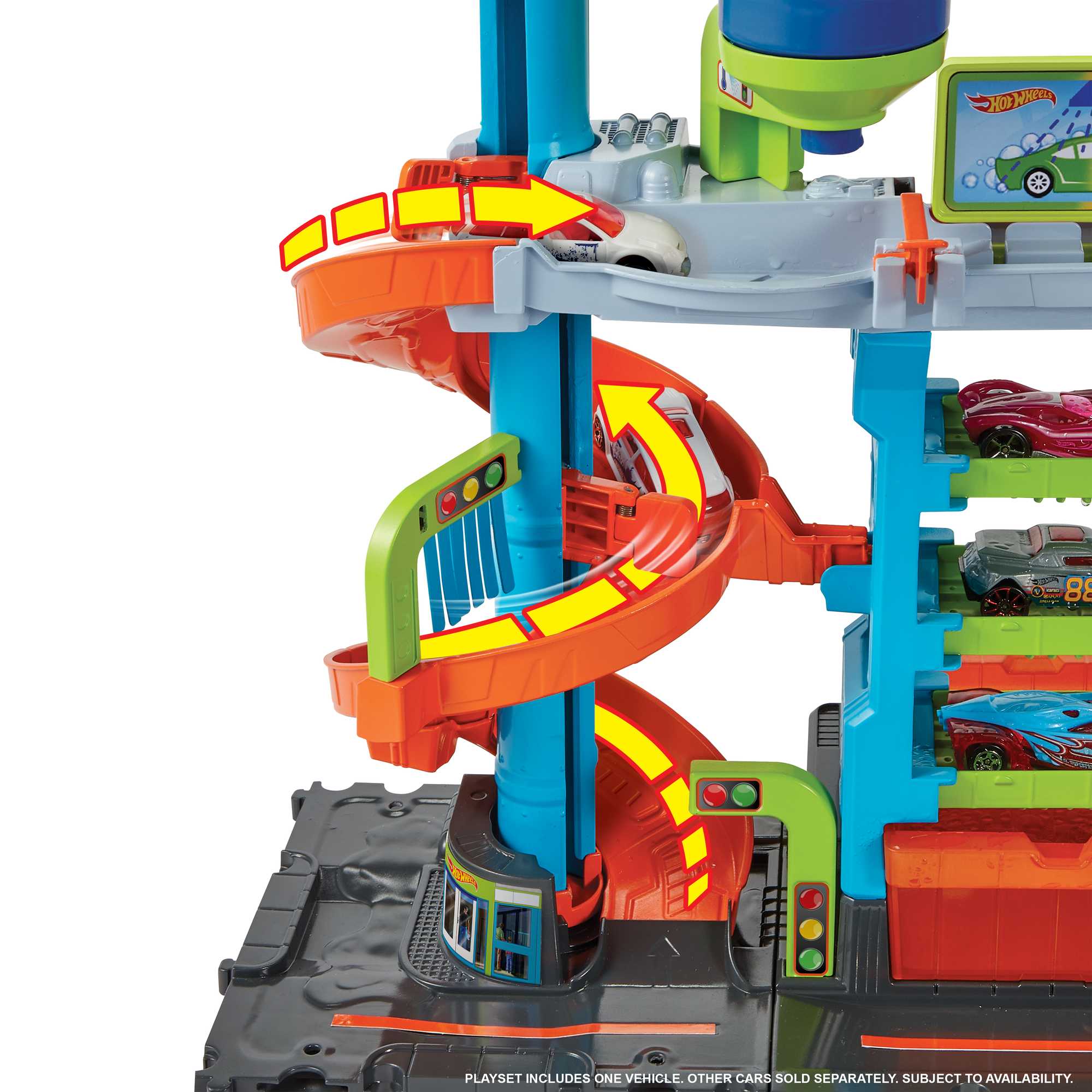 Hot Wheels City Mega Torre Autolavaggio, include 1 macchinina Color Shifters e pratici serbatoi per acqua, si collega ad altri set, giocattolo per bambini 4+ Anni