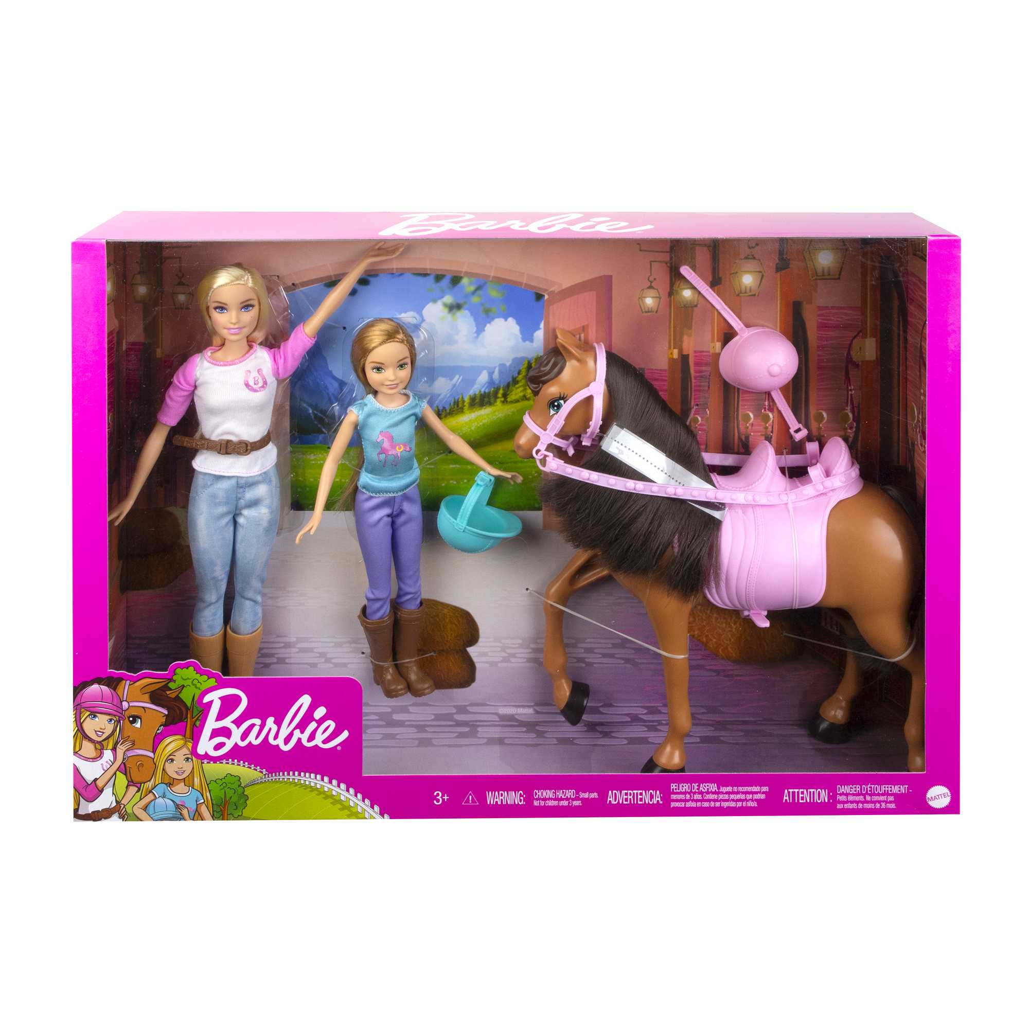 Barbie e Stacie Sorelle a Cavallo playset con cavallo e sella da 2, Con completi da equitazione, Giocattolo e regalo per bambini 3+ Anni