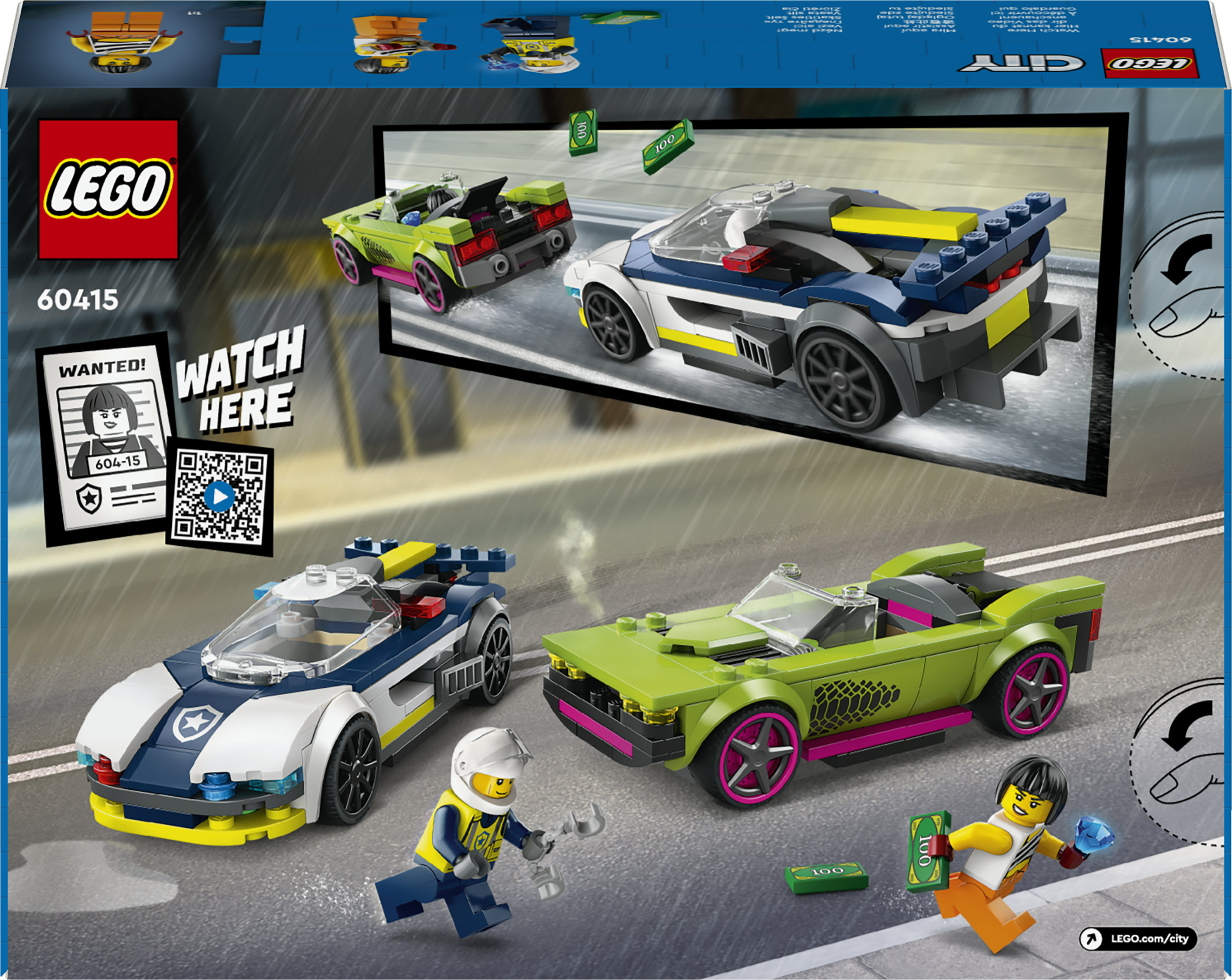 LEGO City 60415 Inseguimento della Macchina da Corsa, 2 Modellini di Auto della Polizia, Giocattolo per Bambini di 6+ Anni