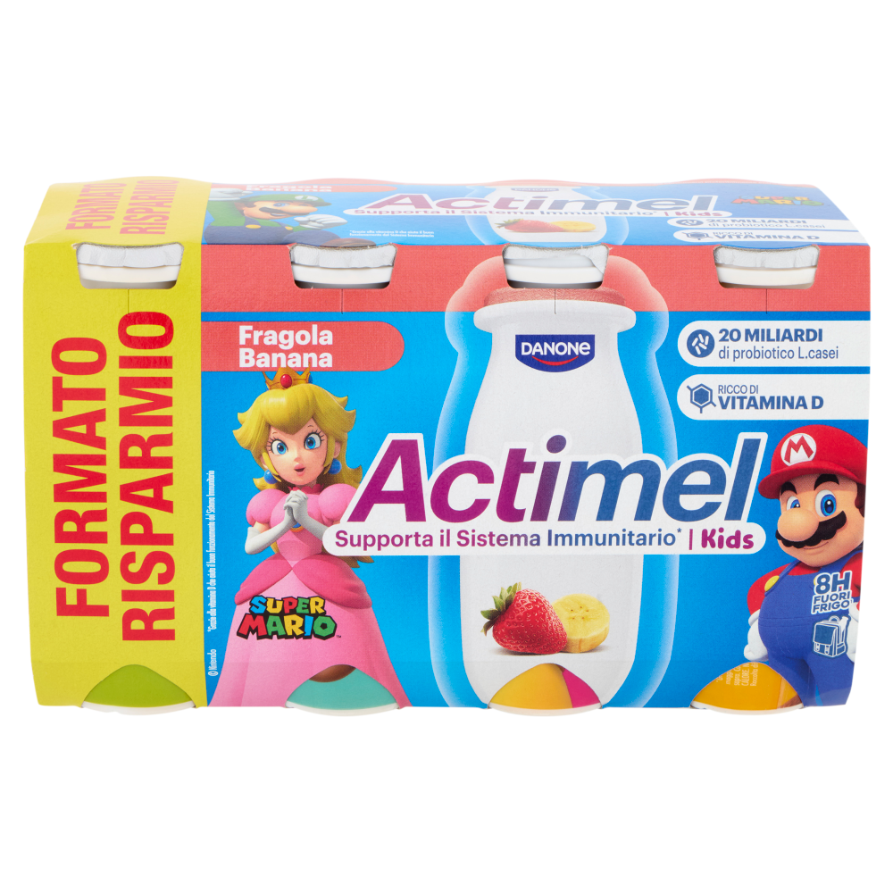 ACTIMEL SuperMario, Yogurt da Bere con Vit B6 e D per il Sistema Immunitario, fragola&banana, 8x100G