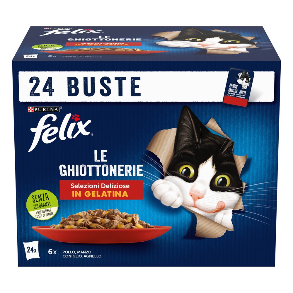 Felix le Ghiottonerie Selezioni Deliziose Cibo umido per gatti adulti con Manzo, Pollo, Agnello e Coniglio, 24 bustine da 85g