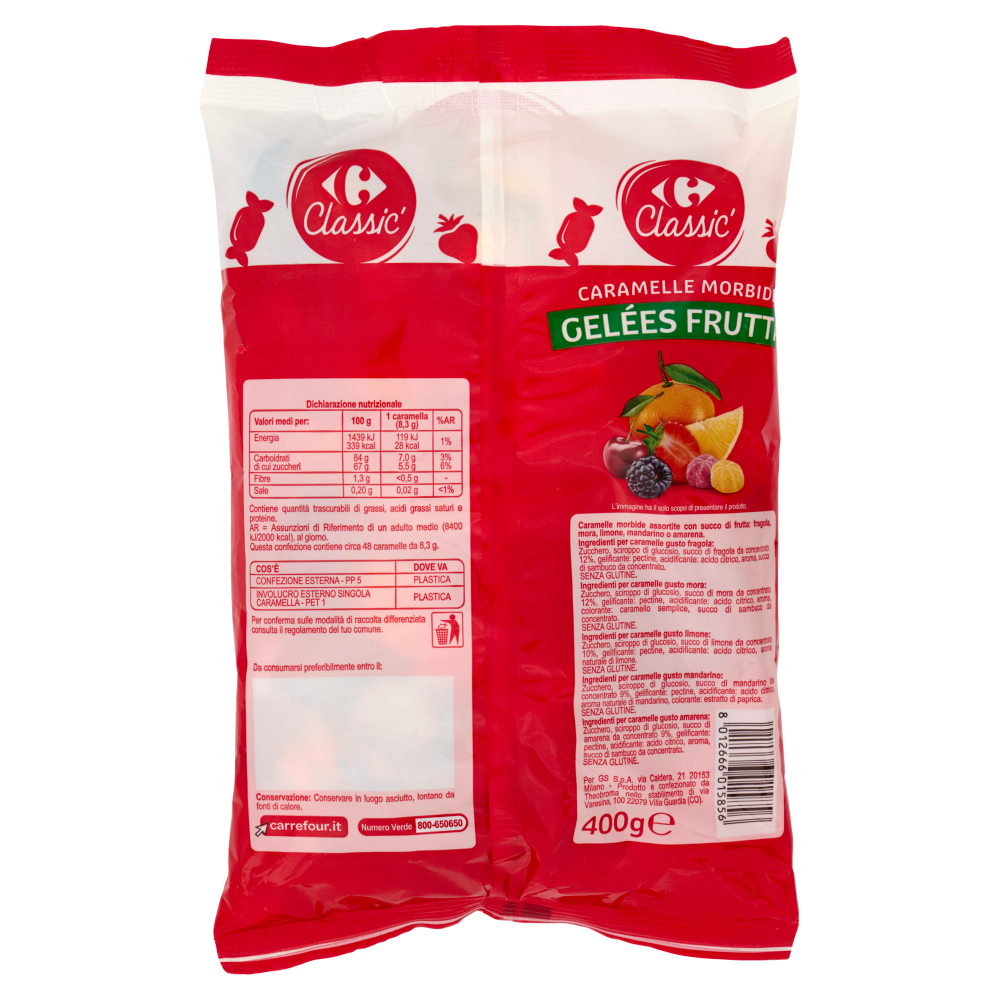 Carrefour Classic Caramelle Morbide Geleés Frutta Fragola, Mora, Limone, Mandarino, Amarena 400 g
