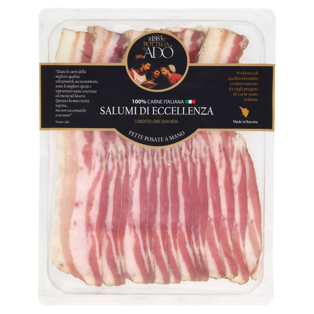la Bottega di Ad&ograve; Salumi di Eccellenza Pancetta Tesa Stagionata in Conca di Marmo Affettata 0,100 kg