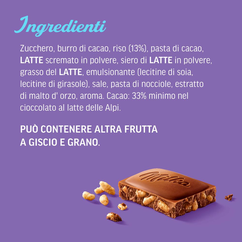 Milka Riso Soffiato, Tavoletta di Cioccolato al Latte Ripieno di Riso Soffiato, Latte 100% Alpino - 100 g