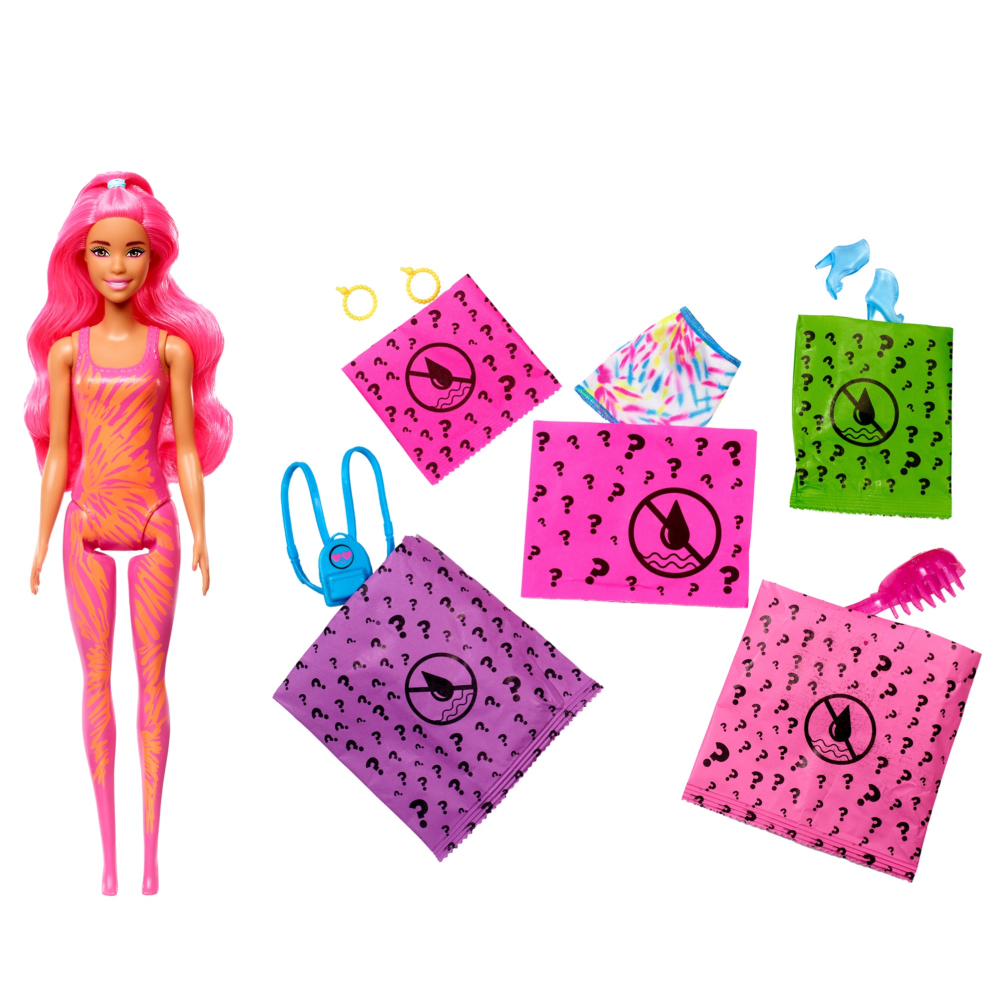 Barbie Color Reveal con 7 sorprese, Serie Fluo Tie-Dye con stampa Tie-Dye ed effetto cambia colore, Giocattolo e regalo per Bambini 3+ Anni