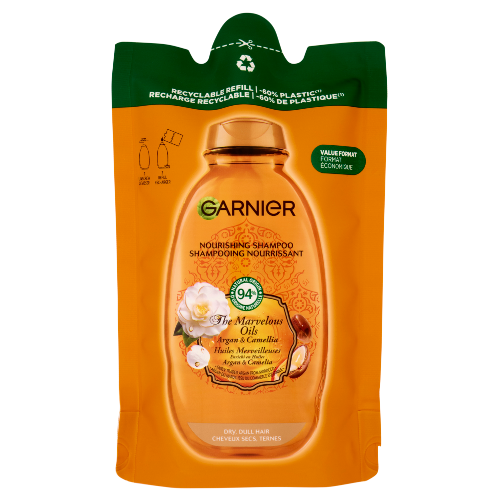 Garnier Ultra Oli Meravigliosi Argan & Camelia, Eco-ricarica Shampoo Nutriente Capelli Secchi, 250ml