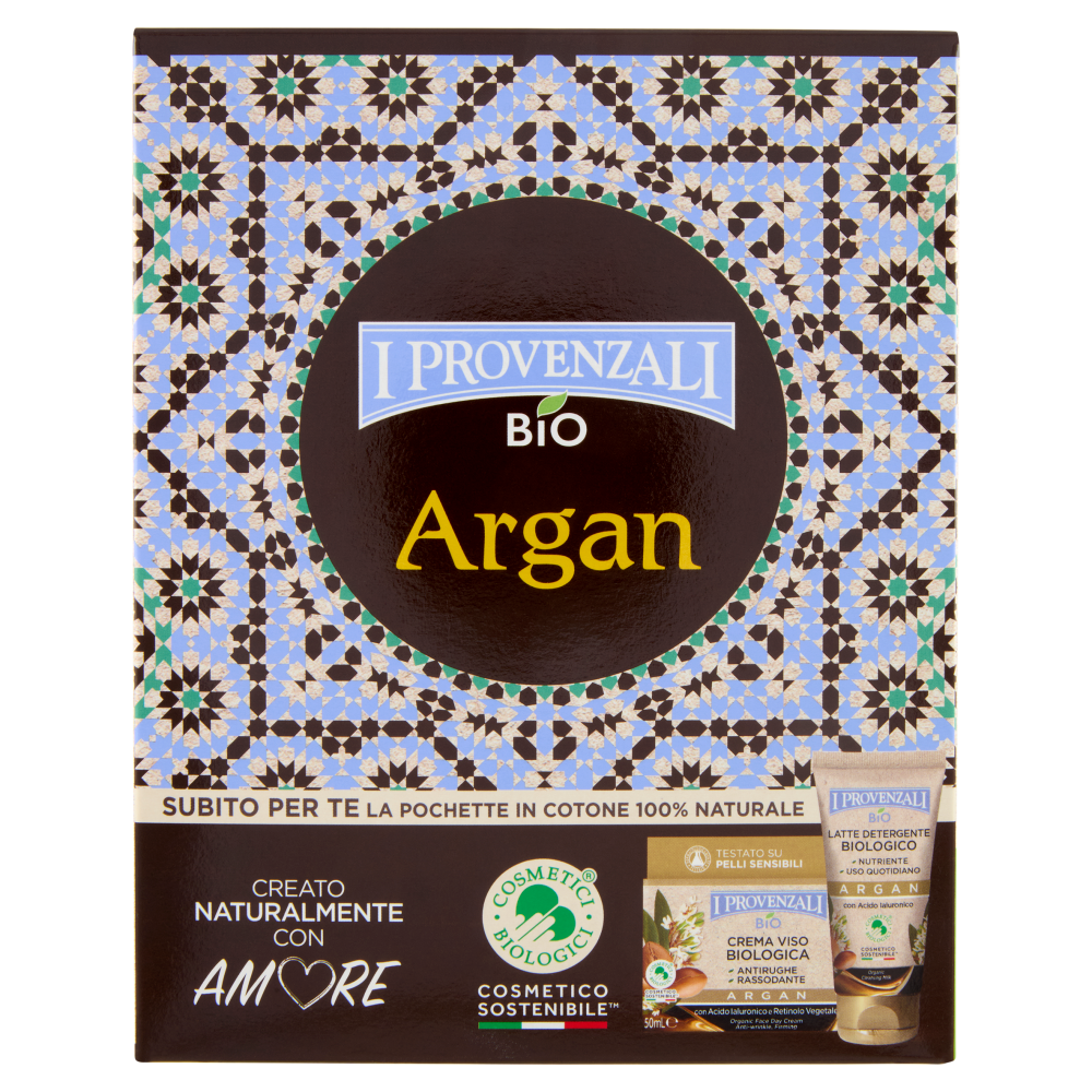I Provenzali Bio Argan Crema Viso Biologica 50 mL+Latte Detergente Biologico 75 mL+1 Pochette cotone