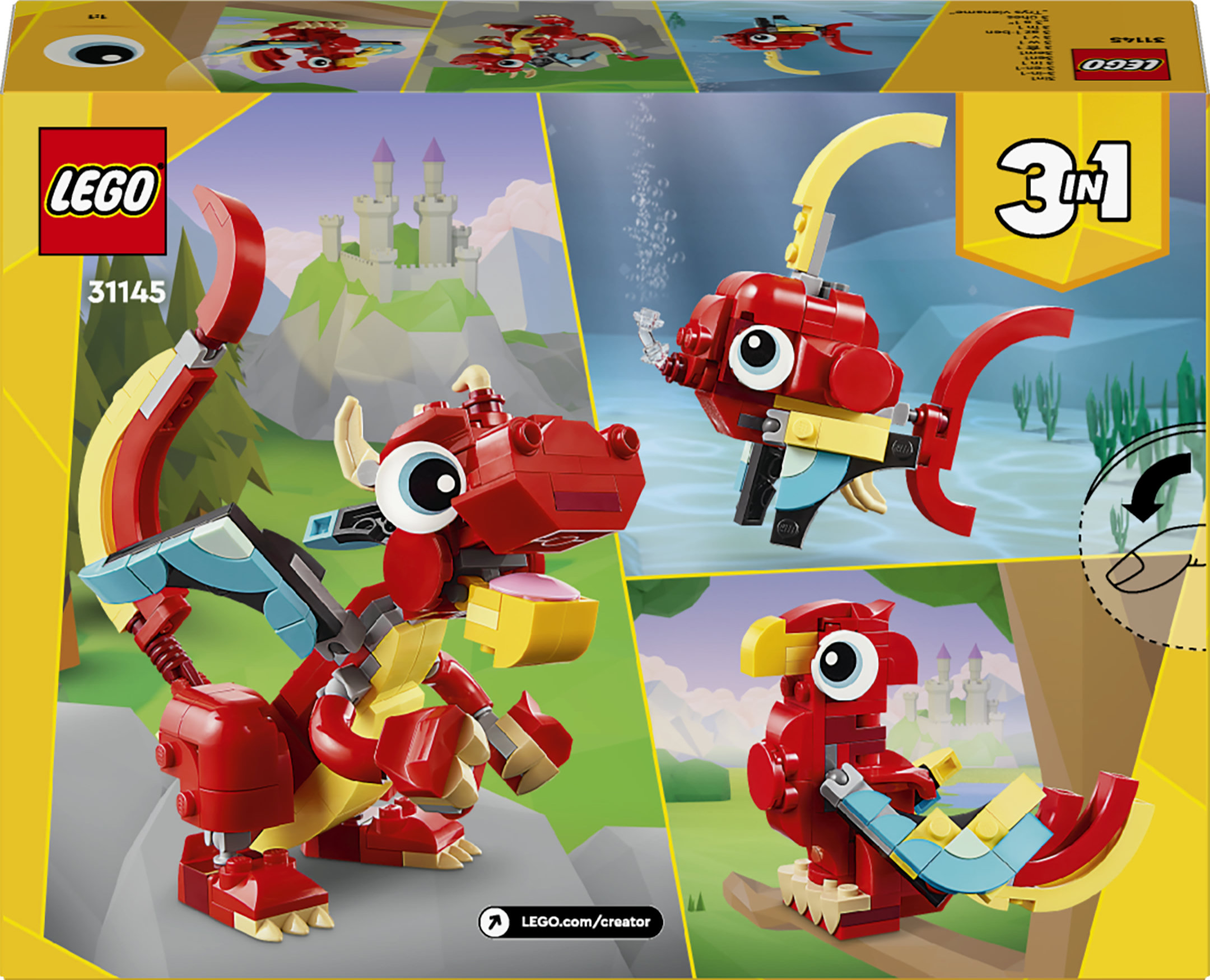 LEGO Creator 31145 3in1 Drago Rosso, Giochi per Bambini di 6+ Anni, Action Figure Ricostruibile in Pesce e Fenice Giocattolo