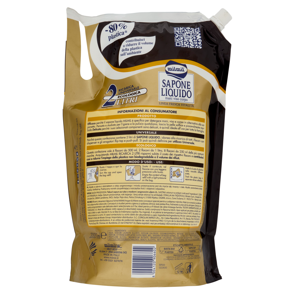 milmil Sapone Liquido Argan & Miele Ricarica Universale Ecologica 2 Litri