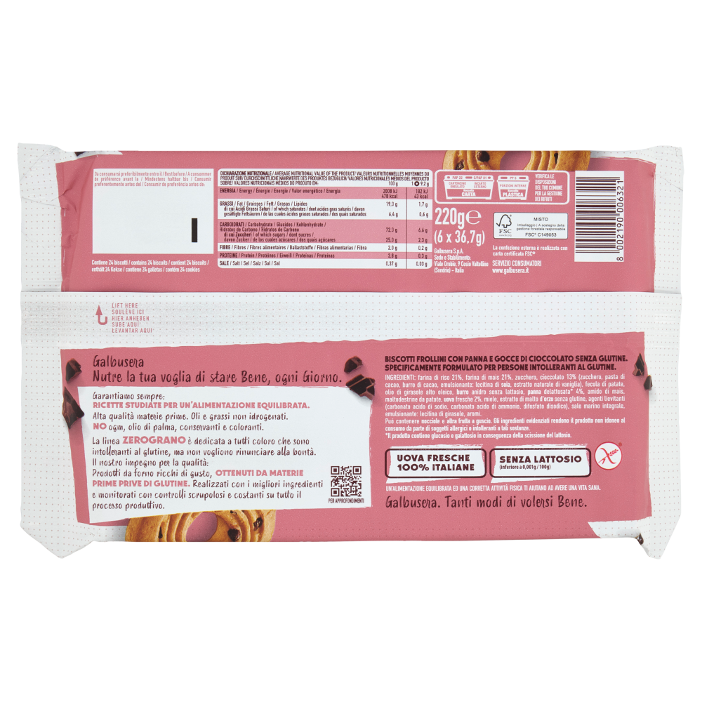 Galbusera ZeroGrano Panna e Cioccolato Senza Glutine 220 g (6 monoporzioni)