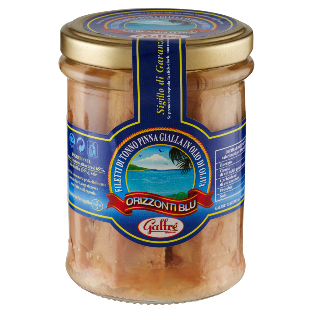 Galfr&egrave; Giacomo Orizzonti Blu Filetti di Tonno Pinna Gialla in Olio di Oliva 185 g