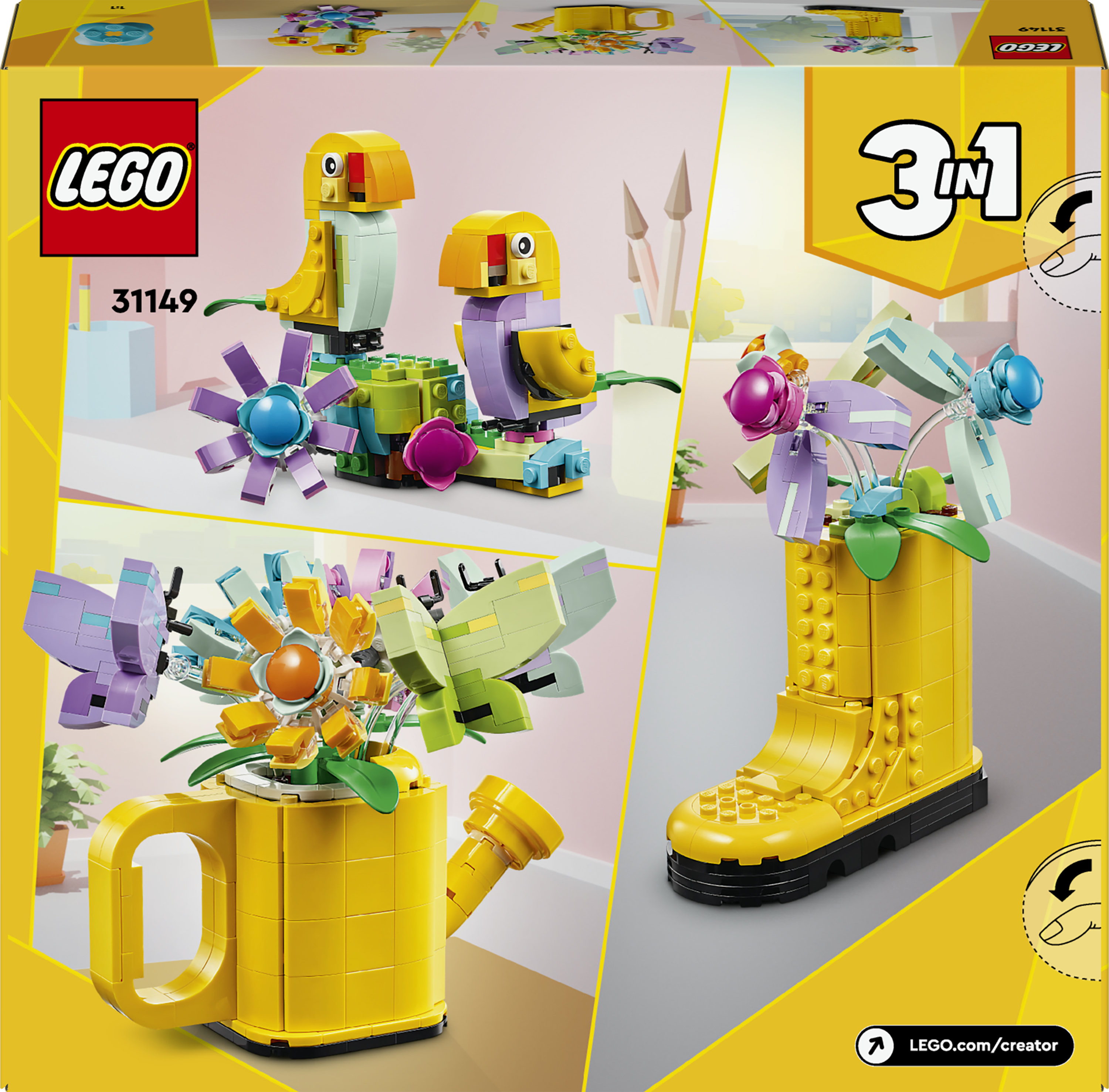 LEGO Creator 31149 3in1 Innaffiatoio con Fiori Finti Trasformabile in Stivale o in 2 Uccelli con Trespolo, Giochi per Bambini 8+