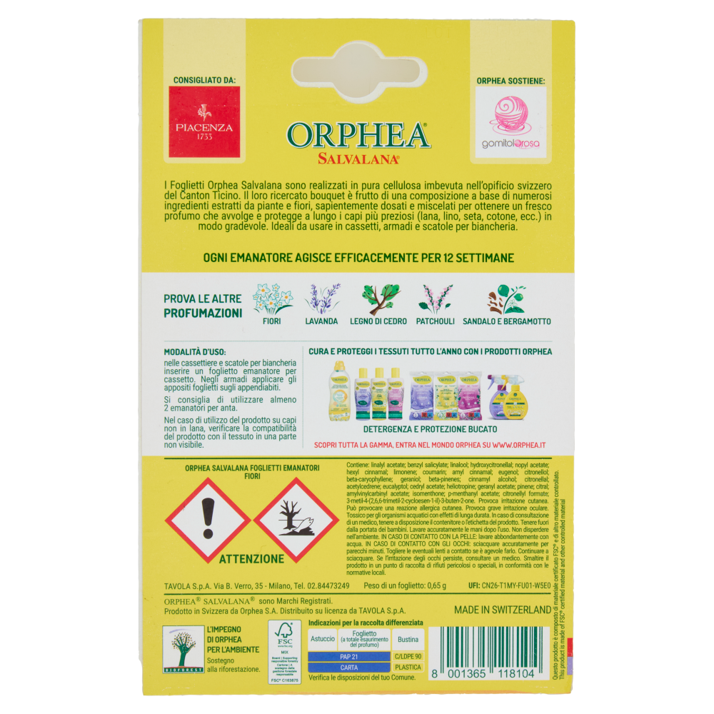 Orphea Salvalana Foglietti per Cassetti e Armadi al Profumo Naturale di Fiori 12 x 0,65 g