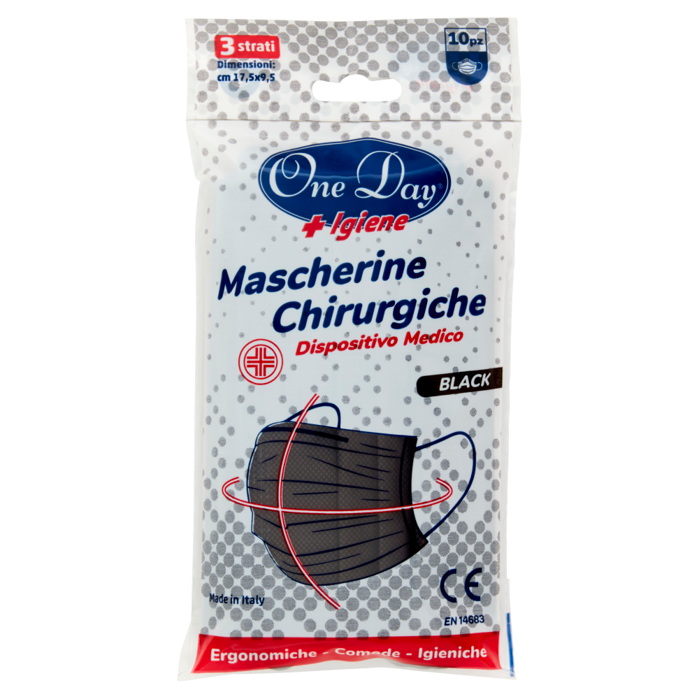 One Day + Igiene Mascherine Chirurgiche Dispositivo Medico Black 10 pz