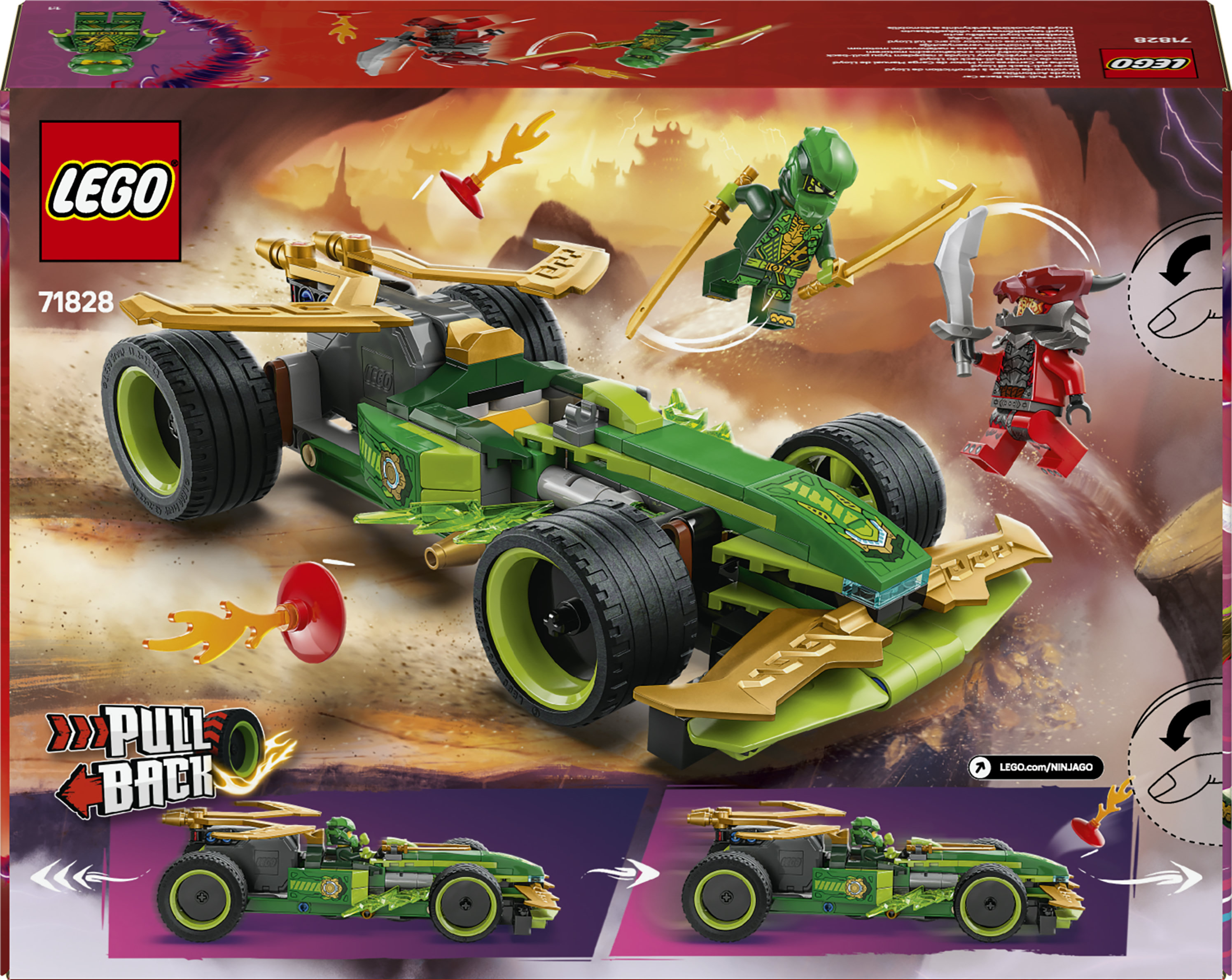 LEGO NINJAGO 71828 Racer Pull-Back di Lloyd - Modello di Auto da Corsa Giocattolo con 2 Minifigure e Armi, Giochi Bambini 7+