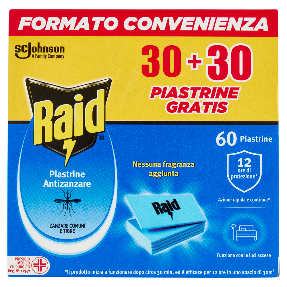 Raid Piastrine Antizanzare Comuni e Tigre, Azione prolungata, Ricarica 60 pezzi