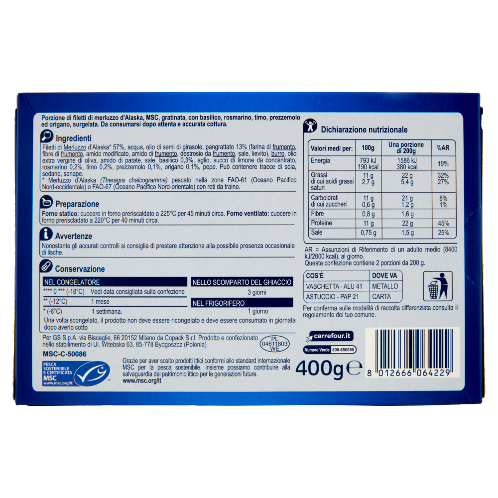 Carrefour Extra Merluzzo d'Alaska Gratinato con Erbe Aromatiche Surgelato 400 g