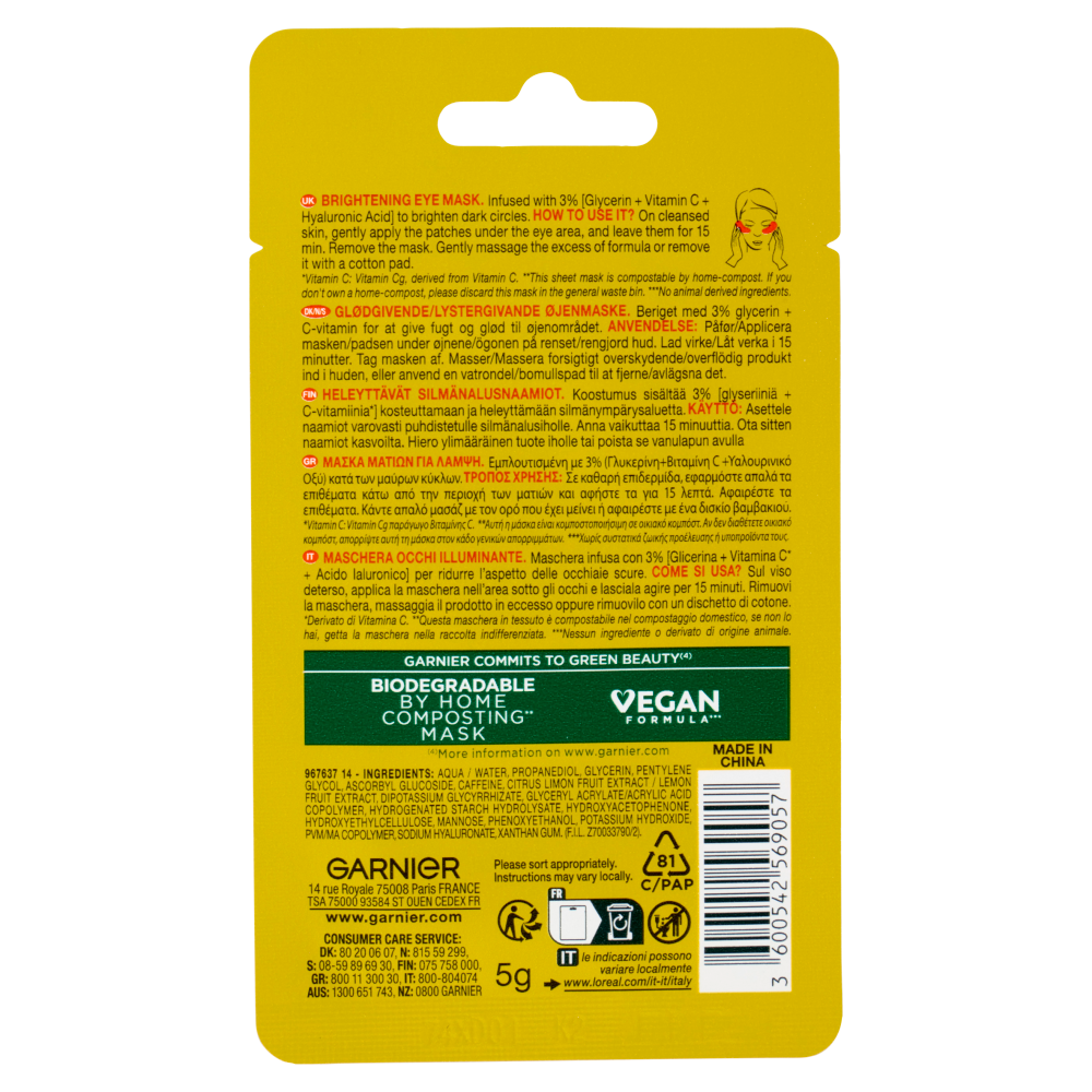 Garnier SkinActive Vitamin C* Maschera in Tessuto Occhi Illuminante 5 g