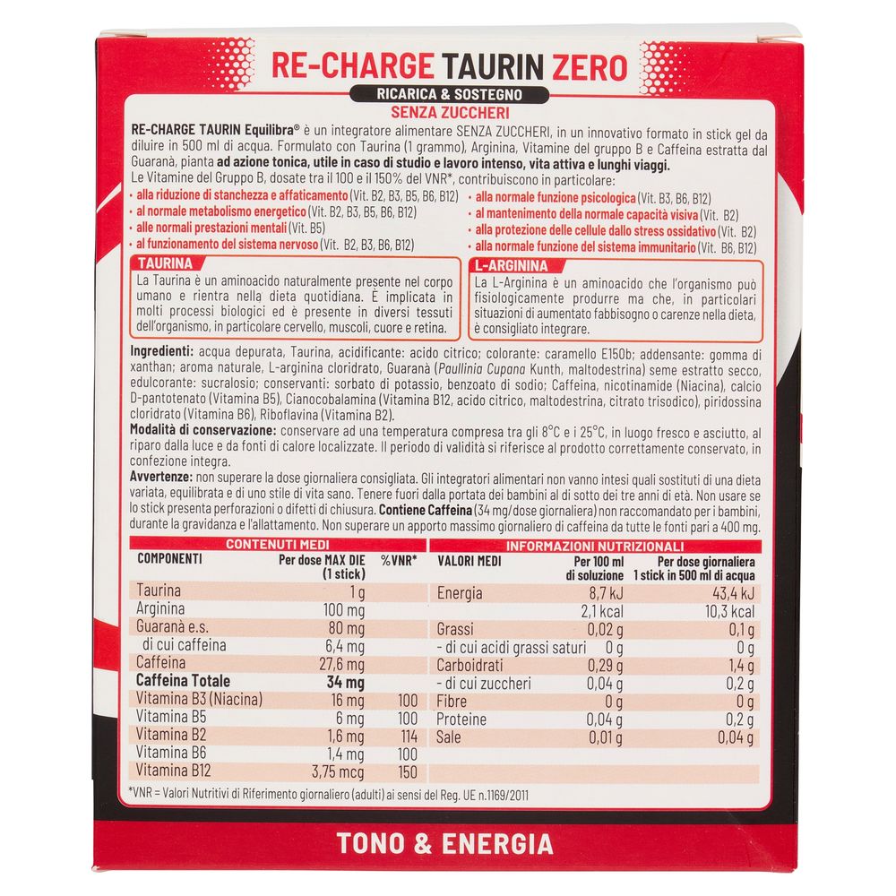 Equilibra Re-Charge Taurin Zero Ricarica e Sostegno Stick Gel 12 x 30 ml
