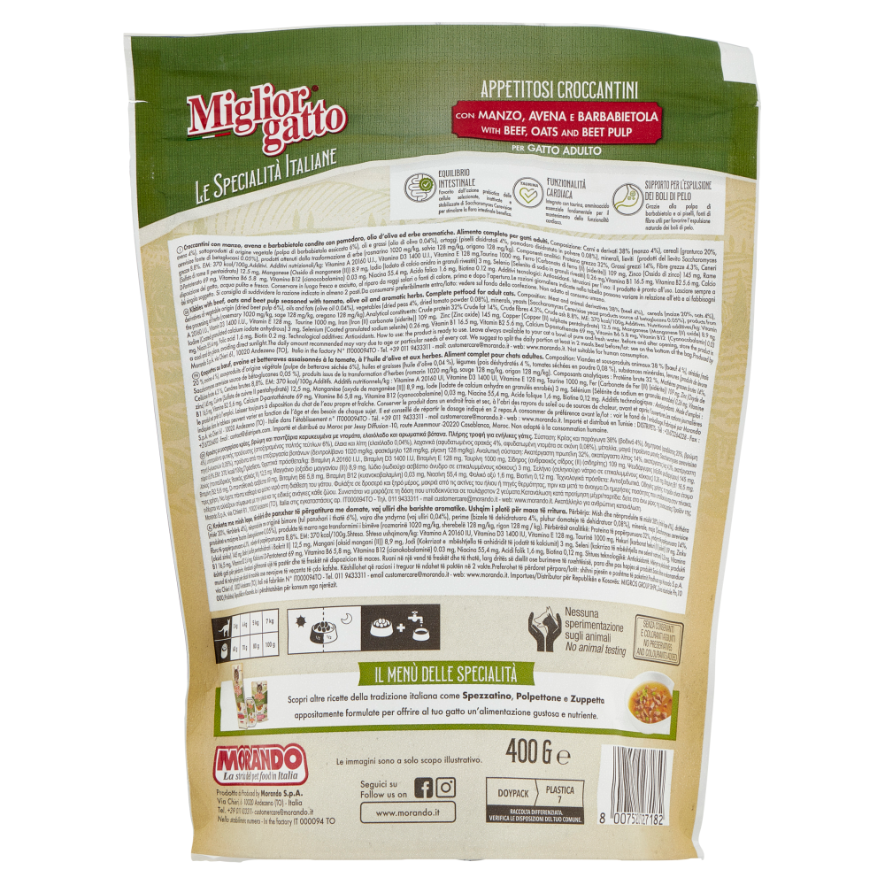 Migliorgatto Le Specialità Italiane Croccantini Manzo, Avena e Barbabietola per Gatto Adulto 400 G