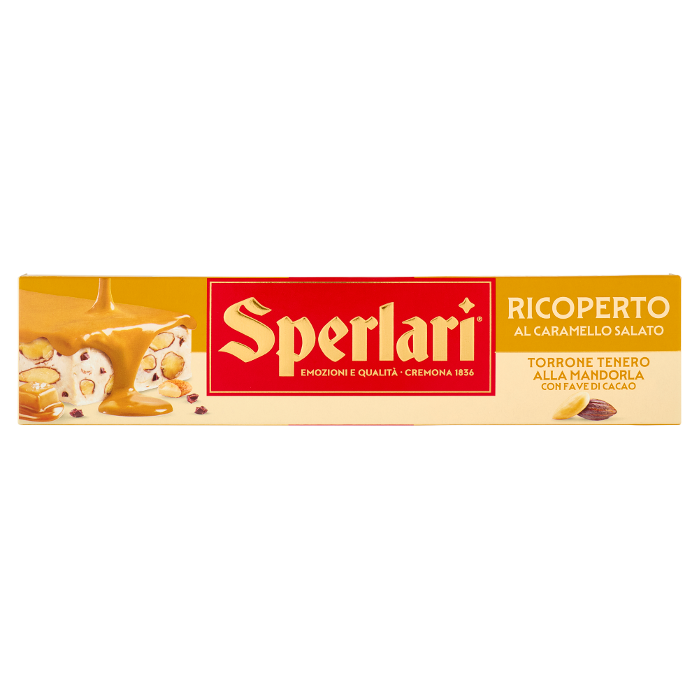 Sperlari Ricoperto al Caramello Salato Torrone Tenero alla Mandorla con Fave di Cacao 200 g
