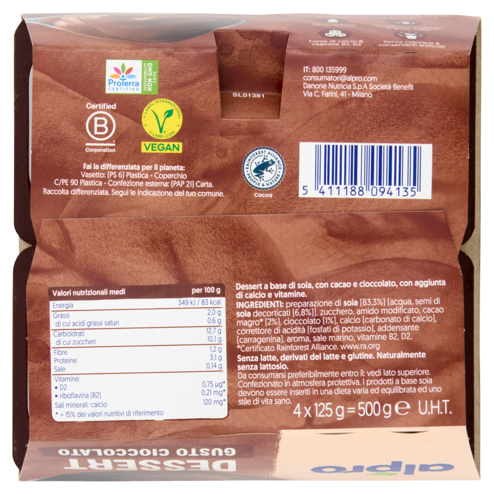 ALPRO Dessert 100% Vegetale Gusto Ciocc, Senza Lattosio, Povero di Grassi, Fonte di Calcio, 4X125g