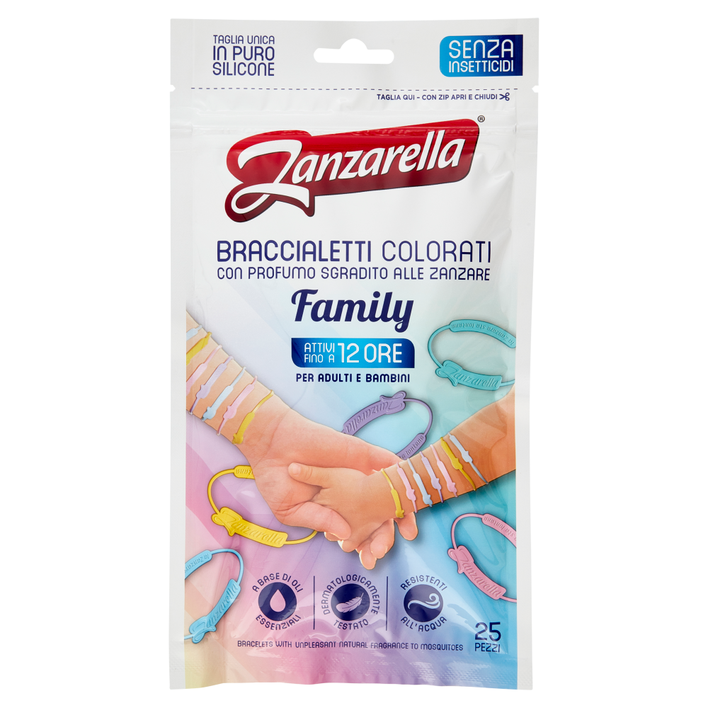 Zanzarella Braccialetti Colorati con Profumo Sgradito alle Zanzare Family 25 pz